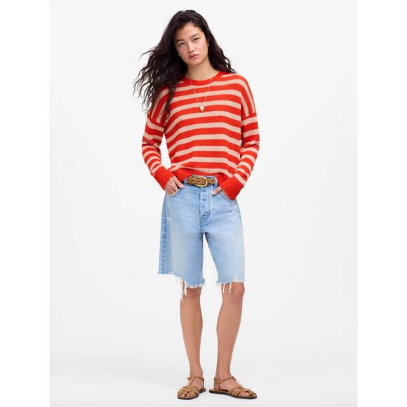 Madewell Linen Drop Shoulder Sweater Bright Flame Striped Nautical Small - Picture 6 of 14